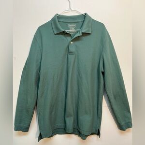 LL Bean Polo Shirt, Mens M, Green Long Sleeve 100% Cotton Traditional Fit